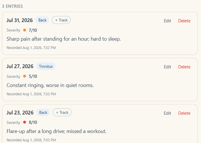Symptom journal entries dated July 2026, each tagged to a condition with a severity score and a plain-language note, showing the timestamp each was recorded