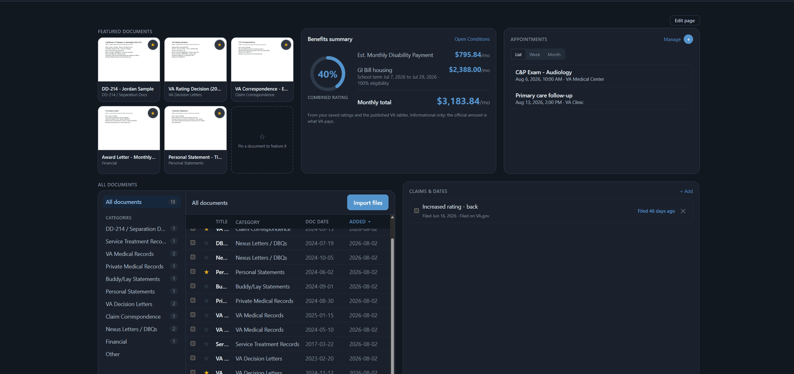 The same MusterVault dashboard in dark mode, showing featured documents, the benefits summary, appointments, and the full document list
