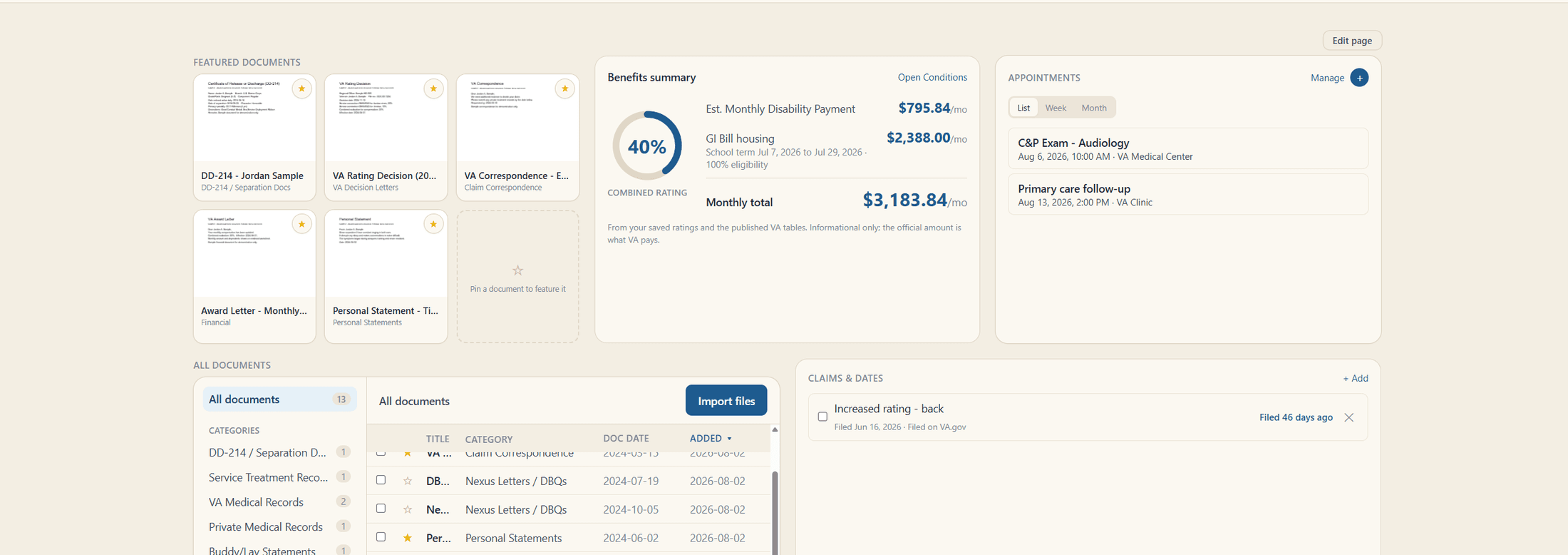 The MusterVault dashboard in light mode: featured documents pinned up top, a benefits summary with combined rating and monthly pay, upcoming appointments, and every record sorted by category from DD-214 to decision letters
